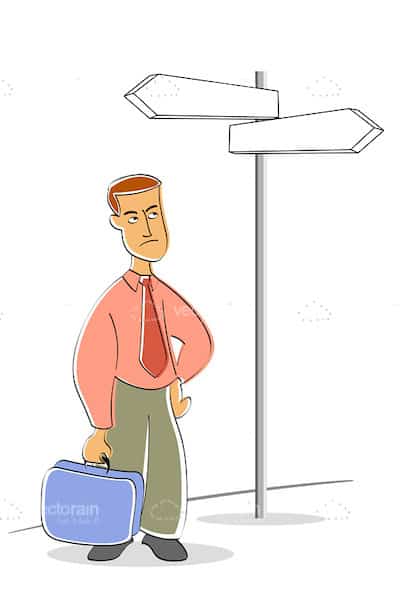 Business Man at Street Sign in Cartoon Style